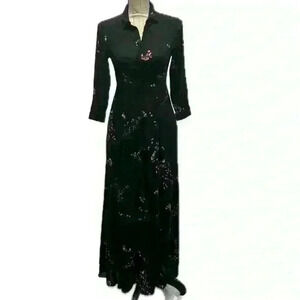ZARA Black Maxi Button Up Dress Cherry Blossom 3/4 Sleeve & Pockets Size Small